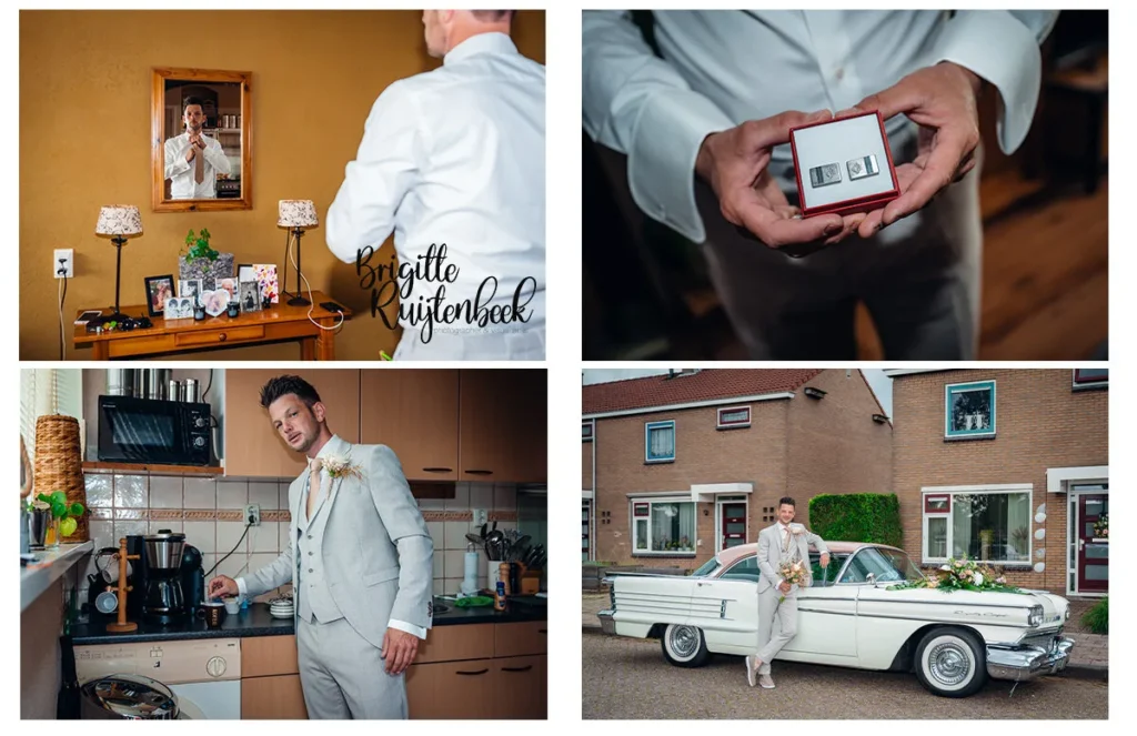 Chris maakt zich thuis klaar voor de bruiloft in Friesland. Hij drinkt koffie, checkt zijn manchetknopen en poseert bij de witte Cadillac waarmee hij later naar Slotplaats Bakkeveen vertrekt. De sfeer is ontspannen, stijlvol en persoonlijk – precies zoals deze buitenbruiloft bedoeld was.