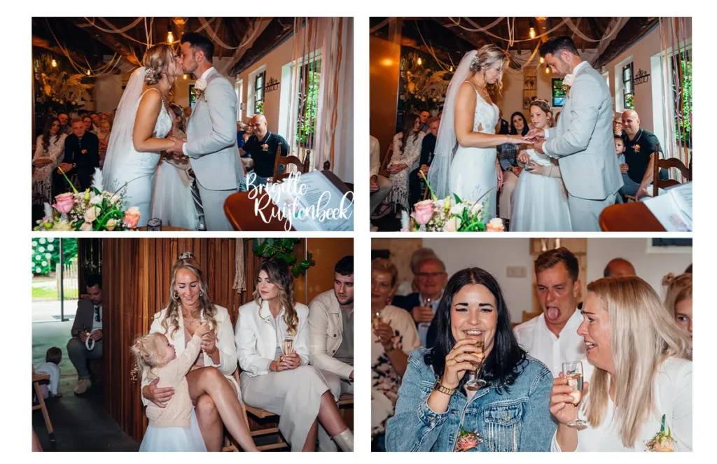 Jawoord tijdens bruiloft in Friesland met kinderen, ringuitwisseling en proostmoment met champagne bij Slotplaats Bakkeveen