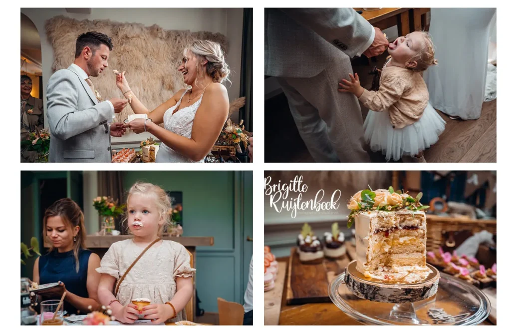 Bruidspaar snijdt de bruidstaart aan en kinderen smullen van het dessertbuffet tijdens bruiloft bij Slotplaats Bakkeveen