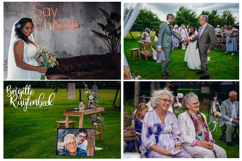 De bruiloft van Eric en Henriette start buiten op het gras bij De Weistaar in Maarsbergen. Henriette wordt weggegeven door haar vader, omringd door familie. De ouders spelen een zichtbare en betekenisvolle rol: hun aanwezigheid staat centraal. Ook een overleden ouder krijgt een plek, met een foto tussen de gasten. Dit moment is niet groots, maar wél belangrijk: het draait om samenzijn, herinneren en duidelijk ‘ja’ zeggen tegen elkaar.