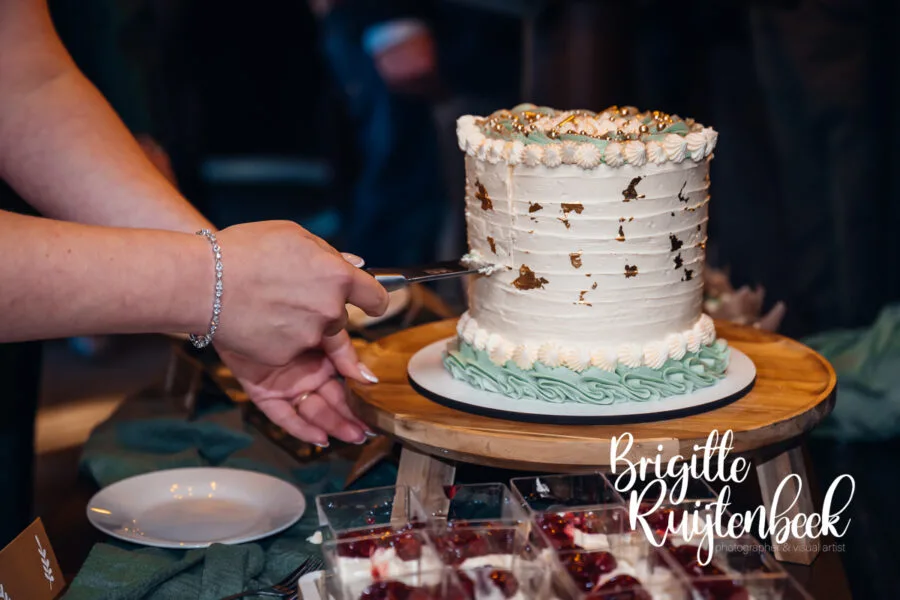 Detail van handen die de bruidstaart aansnijden tijdens een winterbruiloft bij De Kruimel in Gasselte